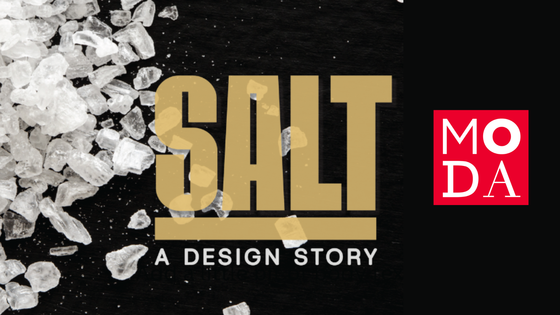 Exhibit poster for "SALT: A Design Story." Features scaled-up grains of salt behind gold text on black backdrop.